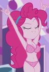 1girl alternate_version_available arms_up big_breasts bra breasts closed_eyes clothed edit equestria_girls female_only hasbro my_little_pony older older_female panties pinkie_pie_(eg) pinkie_pie_(mlp) screenshot solo_female young_adult young_adult_female young_adult_woman