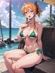  1girl ai_generated arm_support big_breasts bikini brown_eyes brown_hair cleavage curvy green_bikini hair_ribbon hand_on_own_chest highschool_of_the_dead legs long_hair looking_at_viewer navel ponytail pool rei_miyamoto sitting stable_diffusion sweat thick_thighs thighs voluptuous 