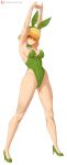 1girl absurd_res alluring alternate_costume animal_ears arms_(game) arms_up bare_shoulders blonde_hair blunt_bangs bob_cut bow bowtie breasts commentary covered_navel detached_collar english_commentary fake_animal_ears fake_tail full_body green_eyes high_heels high_res highleg highleg_leotard leotard looking_at_viewer mask min_min min_min_(arms) nintendo patreon_logo patreon_username playboy_bunny rabbit_ear_hairband rabbit_ears rabbit_tail short_hair strapless strapless_leotard stretching tail traditional_bowtie watermark web_address white_background wrist_cuffs zelc-face