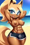 abs ai_generated beach breasts mobians.ai nipples nuggeto sea seaside sega shorts sonic_the_hedgehog_(series) topless topless_female whisper_the_wolf