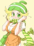 bag bel_(pokemon) bell_(pokemon) beret between_breasts bianca_(pokemon) blonde_hair blush breasts cleavage creatures_(company) dress game_freak green_eyes hat humans_of_pokemon large_breasts naitou_kouse nintendo pokemon pokemon_(anime) pokemon_(game) pokemon_black_2_&amp;_white_2 pokemon_black_and_white pokemon_bw pokemon_bw2 porkyman scarf short_hair solo yellow_hair