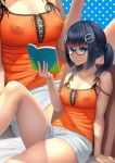  arm_at_side asamurasaki bare_shoulders black_hair blue_eyes blunt_bangs carelessly_dressed closed_mouth erection_under_clothes high_resolution holding_book no_bra non-nude original semi-rimless_eyewear short_hair short_shorts sidelocks sitting small_breasts transparency 