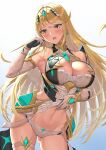 1girl 1girl 1girl alluring athletic_female bangs bare_shoulders big_breasts blonde_hair blush breasts chest_jewel cleavage cowboy_shot dress dress_lift earrings eyebrows_visible_through_hair female_abs fit_female gem gloves gradient gradient_background grey_background high_res jewelry long_hair mythra navel nintendo panties skirt skirt_pull sssemiii sweat swept_bangs thigh_strap tiara underwear very_long_hair wet white_background white_dress white_gloves white_panties xenoblade_(series) xenoblade_chronicles_2 yellow_eyes