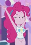 1girl alternate_version_available arms_up big_breasts bottomless bottomless_female breasts closed_eyes clothed edit equestria_girls female_only hasbro my_little_pony older older_female pinkie_pie_(eg) pinkie_pie_(mlp) screenshot solo_female young_adult young_adult_female young_adult_woman