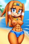  abs ai_generated beach breasts mobians.ai nipples nuggeto sea seaside sega shorts sonic_the_hedgehog_(series) tikal_the_echidna topless topless_female 