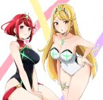 1girl 2_girls alluring bangs bare_shoulders big_breasts big_breasts bikini black_swimsuit blonde_hair cleavage cleavage_cutout closed_eyes clothed competition_swimsuit covered_navel earrings gem headpiece heroine heroines jewelry long_hair looking_at_viewer madanai_(morisumeshi) multiple_girls mythra navel nintendo one-piece_bikini open_mouth pyra red_eyes red_hair short_hair simple_background smile swept_bangs swimsuit thick_thighs tiara wide_hips xenoblade_(series) xenoblade_chronicles_2 yellow_eyes