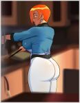 1girl adult aged_up apron ben_10 big_ass big_breasts breasts cartoon_network cooking dat_ass donchibi female female_only fully_clothed future_gwen_tennyson green_eyes gwen_tennyson large_ass milf older older_female orange_hair red_hair short_hair solo thick_thighs