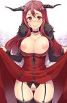  1girl black_legwear blush breasts choker crotchless_panties dress dress_lift female garter_straps highres horns large_breasts long_hair looking_at_viewer maou_(maoyuu) maoyuu_maou_yuusha nipples panties pochi_(pochi-goya) pubic_hair pussy red_eyes red_hair smile solo standing tears thighhighs uncensored underwear 
