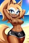  ai_generated beach breasts mobians.ai nipples nuggeto sea seaside sega shorts sonic_the_hedgehog_(series) topless topless_female whisper_the_wolf 