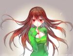 1girl 2010s 2016 2d 2d_(artwork) aged_up alluring alternate_hair_length artist_name breasts brown_hair chara chara_(undertale) cleavage clothing dayuh deviantart digital_media_(artwork) female_chara female_human finger_to_mouth gradient_background green_clothing green_sweater green_topwear human human_only long_hair looking_at_viewer simple_background solo_human striped_clothing sweater topwear tumblr_username undertale undertale_(series) video_game_character video_games