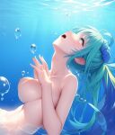  1girl ai_generated big_breasts blue_eyes blue_hair breasts drowning eyes female miku_hatsune naked_female nude ocean sea side_boob solo underwater vocaloid water 