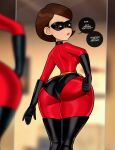  1girl 1girls ass big_ass brown_hair bubble_ass bubble_butt canonical_scene cartoon_milf clothed_female dialogue elastigirl elastigirl_ass_redraw female_focus female_only hazel_eyes helen&#039;s_ass_check helen_parr long_gloves loodncrood looking_at_self looking_back looking_in_mirror mask mature mature_female milf mirror mirror_reflection pixar pout reflection sexy sexy_ass solo_female solo_focus tagme the_incredibles thick_ass thick_thighs thigh_boots thigh_high_boots unhappy_female 