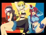  3girls alluring armpits arms_behind_head arms_up ass blonde_hair blue_eyes blush breasts brown_hair chamomile cleavage female fuuro_(pokemon) gloves gym_leader hat headphones huge_breasts kamitsure_(pokemon) kyoku_tou large_breasts legs long_hair midriff multiple_girls navel open_mouth pokemon pokemon_(game) pokemon_bw red_hair short_hair sitting touko_(pokemon) 