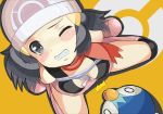  /\/\/\ 1girl bare_shoulders bee-j1 between_breasts black_eyes black_hair blush boots breasts cleavage clenched_teeth embarrassed erect_nipples from_above hair_ornament hairclip hat hikari_(pokemon) makoto_daikichi miniskirt nintendo one_eye_closed piplup pokemon red_scarf scarf simple_background skirt teeth wavy_mouth wince wink 