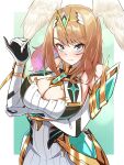 1girl absurd_res alluring big_breasts blue_eyes chest_jewel cleavage_cutout clothing_cutout cosplay dress eunie_(xenoblade) fiery_hair head_wings headpiece high_res microdress mythra_(cosplay) nintendo tiara timosan white_wings wings xenoblade_(series) xenoblade_chronicles_2 xenoblade_chronicles_3