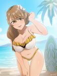1girl adjusting_hair alluring alternate_costume atramada1 bangs bare_thighs beach beauty_mark big_breasts bikini braid cleavage day female_only fire_emblem fire_emblem_engage goldmary_(fire_emblem) hair_over_shoulder leaning_forward long_hair mole mole_on_breast nintendo ocean open_mouth outside palm_tree side_ponytail smile surfboard swimsuit thighs tree white_bikini white_swimsuit yellow_bikini yellow_swimsuit