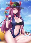  1girl 1girl 2024 alluring alternate_costume artist_name beach beach_ball big_breasts blue_one-piece_swimsuit blue_swimsuit breasts cleavage drink female_only fire_emblem fire_emblem_engage fire_emblem_heroes hat high_res ivy_(fire_emblem) ivy_(summer)_(fire_emblem) light-skinned_female light_skin long_hair looking_at_viewer navel nintendo official_alternate_costume one-piece_swimsuit patdarux purple_eyes purple_hair sand sea sommie_(fire_emblem) sunglasses swimsuit watermark 