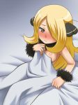  awa bed_sheet blonde_hair blush covering embarrassed hair_over_eye hair_over_one_eye naked_sheet pokemon shirona_(pokemon) 
