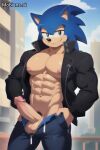 1boy abs ai_generated anthro anthro_only balls biceps big_balls big_nipples big_pecs big_penis black_jacket black_nose blue_body blue_pants blue_skin glossy gloves green_eyes grin jacket long_hair looking_at_viewer male male_only mobians.ai muscle muscular muscular_male narrowed_eyes navel nipples pants pecs penis quills seductive sega smile sonic_the_hedgehog sonic_the_hedgehog_(series) testicle undressing unzipped watermark website_logo
