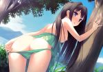 1girl :o absurdres against_tree ass ayase_sayuki bangs bare_shoulders bent_over bikini bikini_pull black_hair blue_eyes blue_sky blush breasts bush butt_crack clothes_pull cloud cloudy_sky day embarrassed grass green_bikini hair_intakes highres kantoku leaf long_hair looking_at_viewer medium_breasts mountain nipples non-web_source nose_blush official_art open_mouth outdoors photoshop_(medium) puffy_nipples pussy_juice side-tie_bikini_bottom sidelocks sky solo swimsuit thighs top_pull tree untied untying very_long_hair your_diary