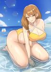 1girl alluring alternate_costume arm_under_breasts artist_name ass beach between_legs big_breasts bikini brown_hair cleavage collarbone criss-cross_halter female_only fire_emblem fire_emblem_engage goldmary_(fire_emblem) hair_over_shoulder halterneck hand_between_legs high_res large_ass light_rays looking_at_viewer low_ponytail mole mole_on_breast nintendo one-piece_bikini partially_submerged seductive_smile smile sommie_(fire_emblem) swimsuit wet yellow_bikini yellow_eyes yellow_swimsuit zet_(twt_zet)