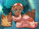 1girl afro aloe_(pokemon) apron ass awa barefoot big_breasts black_panties bra_strap breasts cleavage cleavage_reach creatures_(company) dark-skinned_female dark_skin from_above game_freak green_eyes green_hair gym_leader hairband humans_of_pokemon kneeling lace-trimmed_panties lenora_(pokemon) lillipup naked_apron nearly_naked_apron nintendo panties payot pokemon pokemon_(anime) pokemon_(game) pokemon_black_2_&amp;_white_2 pokemon_black_and_white pokemon_bw pokemon_bw2 porkyman sidelocks underwear