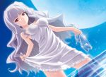  1girl alluring breasts dress dutch_angle female full_moon hairband high_heels holding holding_shoes idolmaster long_hair masakichi_(crossroad) moon red_eyes see-through see-through_silhouette shijou_takane shoes silver_hair skirt_hold smile solo sparkle very_long_hair voluptuous wading water white_dress 