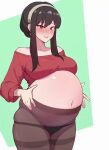 1girl bbw big_belly big_breasts burping crop_top fat gassy laughing milf panties pantyhose patting_belly spy_x_family stomach_noises sweater webm yor_forger