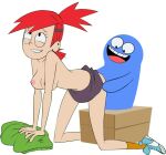1boy 1boy1girl 1girl 1girls accurate_art_style ass_grab bloo bloo_me_(zone) bottomless breasts cartoon_network clothing doggy_position edit foster&#039;s_home_for_imaginary_friends frankie_foster gif male red_hair skirt socks topless transparent_background zone