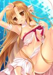  1girl :d arm_up armpits asuna_(sao) asuna_(sao-alo) bare_shoulders blush breasts brown_eyes brown_hair chain chains ear_covers elf female leg_up long_hair looking_at_viewer looking_back minatsuki_alumi nipples no_panties open_mouth parted_lips pointy_ears ribbon shiny shiny_skin smile solo sword_art_online titania_(sao) 