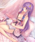 1girl artist_name babydoll barefoot bed blue_eyes blush book bow breasts cleavage condom condom_wrapper covered_nipples crescent crescent_hair_ornament crescent_moon erect_nipples female hair_bow hair_ornament heart heart_pillow large_breasts legs lingerie long_hair long_legs moon navel negligee patchouli_knowledge pillow purple_hair reading sitting solo touhou underwear underwear_only walzrj wariza 