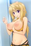 1girl areolae arm_between_breasts bare_shoulders between_breasts big_wednesday bikini blonde_hair blush breasts breasts_out_of_clothes breasts_outside charlotte_dunois clothing female groin hand_between_breasts huge_breasts infinite_stratos inverted_nipples large_areolae large_breasts long_hair midriff mound_of_venus navel nipples open_mouth painttool_sai_(medium) ponytail purple_eyes ribucci shiny shiny_skin solo swimsuit tied_hair yellow_bikini yellow_swimsuit