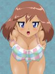 1girl alluring bikini blue_eyes blush breasts brown_hair cleavage erect_nipples haruka_(pokemon) large_breasts lupus may may_(pokemon) naughty_face pokemon swimsuit undressing