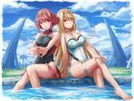 2_girls 2girls alluring arm_support back-to-back bare_arms bare_legs bare_shoulders barefoot beach big_breasts black_one-piece_swimsuit blonde_hair blue_sky blush border breasts casual_one-piece_swimsuit chest_jewel choker cleavage closed_mouth cloud collarbone competition_swimsuit covered_collarbone covered_navel day diamond_(shape) earrings feet feet_out_of_frame female_only gem grass green_gemstone hair_between_eyes halterneck hand_on_own_knee high_res hip_vent interlocked_fingers jewelry leaning_to_the_side light_smile long_hair looking_at_viewer medium_breasts multiple_girls mythra nintendo on_ground one-piece_bikini one-piece_swimsuit open_mouth outside outstretched_arms palms pyra red_eyes red_hair redpoke ribbed_swimsuit short_hair sideboob sidelocks sitting sky smile soaking_feet strap stretching swept_bangs swimsuit taut_clothes thighs tiara turtleneck very_long_hair water wet white_border white_choker white_one-piece_swimsuit xenoblade_(series) xenoblade_chronicles_2 yellow_eyes