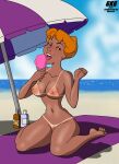  101_dalmatians 1girl 1girl 2021 anita_radcliffe barefoot bottle breasts brown_eyes disney eyebrows eyelashes feet female_only gkg holding_object ice_cream ice_cream_cone licking licking_ice_cream lipstick looking_at_viewer navel nipples nude nude_beach orange_hair pubic_hair purple_towel sexy_body sexy_breasts sun_screen sunburn toes tongue_out umbrella 