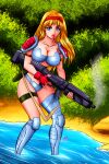 1girl alluring armor_shoulderpads big_breasts blaster blonde_hair blue_eyes cleavage contra contra_4 contra_hard_corps fingerless_gloves jungle konami shayeragal sheena_etranzi thighhigh_boots water weapon
