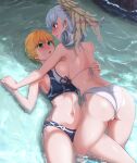  1girl 2_girls absurd_res alluring alternate_costume ass big_breasts big_breasts bikini black_bikini black_swimsuit blonde_hair blue_eyes blush breast_press breasts bubble_butt cleavage curvy embarrassed female_only fiora_(xenoblade) green_eyes high_res holding_hands hourglass_figure large_ass long_hair melia_antiqua mercury_xeno midriff monolith_soft navel nintendo official_alternate_costume on_back on_top partially_submerged short_hair silver_hair slim_waist swimsuit thick_ass thick_thighs thighs voluptuous water wet wet_body wet_clothes white_bikini white_swimsuit wide_hips wings xenoblade_(series) xenoblade_chronicles yuri 