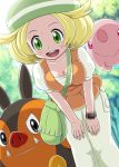  1girl :d bag bel_(pokemon) beret blonde_hair breasts cleavage forest green_eyes hat leaning_forward munna nature open_mouth pignite pokemoa pokemon pokemon_(game) pokemon_black_and_white pokemon_bw smile soara vest 