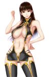  1girl 1girl alluring alternate_costume alternate_hairstyle bare_shoulders big_breasts black_hair braid breasts brown_eyes brown_hair center_opening cleavage clenched_hand cowboy_shot dead_or_alive dead_or_alive_2 dead_or_alive_3 dead_or_alive_4 dead_or_alive_5 dead_or_alive_6 dead_or_alive_xtreme dead_or_alive_xtreme_2 dead_or_alive_xtreme_3 dead_or_alive_xtreme_3_fortune dead_or_alive_xtreme_beach_volleyball dead_or_alive_xtreme_venus_vacation female_focus female_pubic_hair groin hair_down hand_on_own_hip high_res kamitsuki_manmaru lei_fang lips long_hair looking_at_viewer micro_panties navel panties pubic_hair revealing_clothes simple_background smile tecmo twin_braids under_boob underwear unzipped white_background 