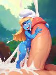  1boy 1girl ahoge ai_generated blonde_hair blue_skin completely_nude cum cumshot erection excessive_cum forest hat masturbation minigirl nude_female penis penis_bigger_than_body size_difference smurf smurfette testicle the_smurfs tongue uneven_eyes veiny_penis 