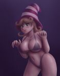 1female 1girl abstract_background big_breasts bikini blue_eyes breasts brown_hair halloween halloween_costume huge_breasts light-skinned_female mario_(series) nintendo princess_daisy purple_background purple_bikini saf-404 safartwoks safartworks short_hair tongue_out video_game_character witch_hat