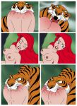  1girl 2023 ass ass biting biting_ass biting_butt blue_eyes breasts breasts closed_eyes crossover eyebrows eyelashes green_background nipples open_mouth princess_ariel red_hair red_lipstick serisabibi sharp_teeth shere_khan the_jungle_book the_little_mermaid tiger whiskers yellow_eyes 