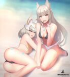  1girl 2_girls alluring ass bikini breasts cat_ears catgirl core_crystal fangs female_only grey_hair medium_breasts mio_(xenoblade) mother_&amp;_daughter nia_(xenoblade) nintendo small_breasts swimsuit thighs xenoblade_(series) xenoblade_chronicles_3 yellow_eyes zambonito 