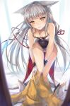1girl alluring black_leotard breasts cat_ears cat_girl changing_clothes core_crystal face_markings getting_dressed gloves grey_hair hair_ribbon hinot inoue_takuya_(pixiv_99697) jumpsuit leotard looking_at_viewer medium_breasts nia_(blade)_(xenoblade) nia_(xenoblade) nintendo twin_tails xenoblade_(series) xenoblade_chronicles_2 yellow_eyes yellow_jumpsuit