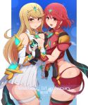 2_girls alluring anniversary bare_shoulders big_breasts blonde_hair breast_press circlet cleavage dual_persona earrings elbow_gloves fingerless_gloves gloves high_res jewelry long_hair multiple_girls mythra nintendo ponpo ponponmaru pyra red_eyes red_hair short_hair skindentation symmetrical_docking thick_thighs thigh_strap thighs xenoblade_(series) xenoblade_chronicles_2 yellow_eyes