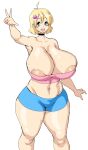 armpits blonde_hair breasts collarbone female gigantic_breasts mole mole_on_breast na navel nipples nipples_through_clothes ocidasilver open_mouth shoko_(ocidasilver) short_hair smile thick_thighs thighs twitter white_background