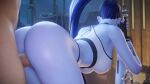  1boy 1girl big_breasts big_penis blue_hair bouncing_ass bouncing_breasts brown_eyes bubble_butt doggy_position from_behind male_pov moaning overwatch thick_thighs vaginal_penetration widowmaker widowmaker_(overwatch) z1g3d 