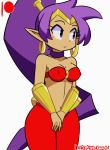  1girl big_breasts blue_eyes blush bouncing_breasts breasts dark-skinned_female dark_skin darkprincess04_(artist) earrings flashing gif gif jewelry navel nipples pointy_ears ponytail pubic_hair purple_hair pussy shantae shantae_(character) thighs wide_hips 
