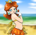  1girl 2d ailwynraydom aimie_the_green_kitty beach bikini blue_eyes brown_hair caucasian crown earrings female female_only flower_earrings gloves looking_at_viewer navel outdoor outside princess_daisy seductive skirt solo standing super_mario_bros. white_gloves 