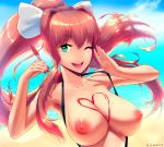 &lt;3 1girl areola areolae bare_shoulders beach big_breasts body_writing bow breasts brown_hair clavicle collarbone doki_doki_literature_club exposed exposed_breasts eyebrows eyebrows_visible_through_hair female_only flashing green_eyes hair_bow hair_ornament happy heart high_resolution large_breasts long_hair looking_at_viewer monika_(doki_doki_literature_club) nipples one_eye_closed open_mouth open_smile oughta outdoor outside presenting presenting_breasts presenting_self red_nails sea seaside smile solo solo_female solo_focus string_bikini teeth tied_hair upper_body upper_teeth very_long_hair water white_hair_bow white_hair_ornament wink